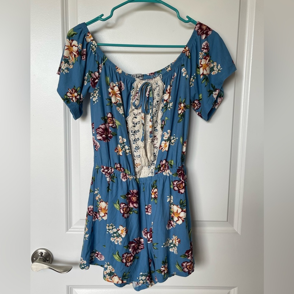 Aqua Floral Print Romper Cottagecore Off-the-Shoulder